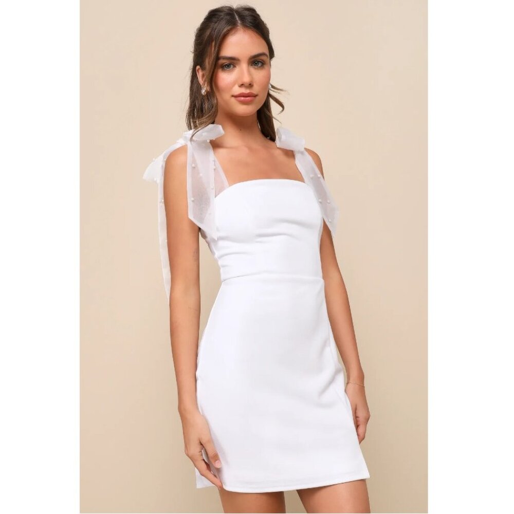 Lulus Beaming Perfection White Pearl Organza Tie-strap Mini Dress - Size S
